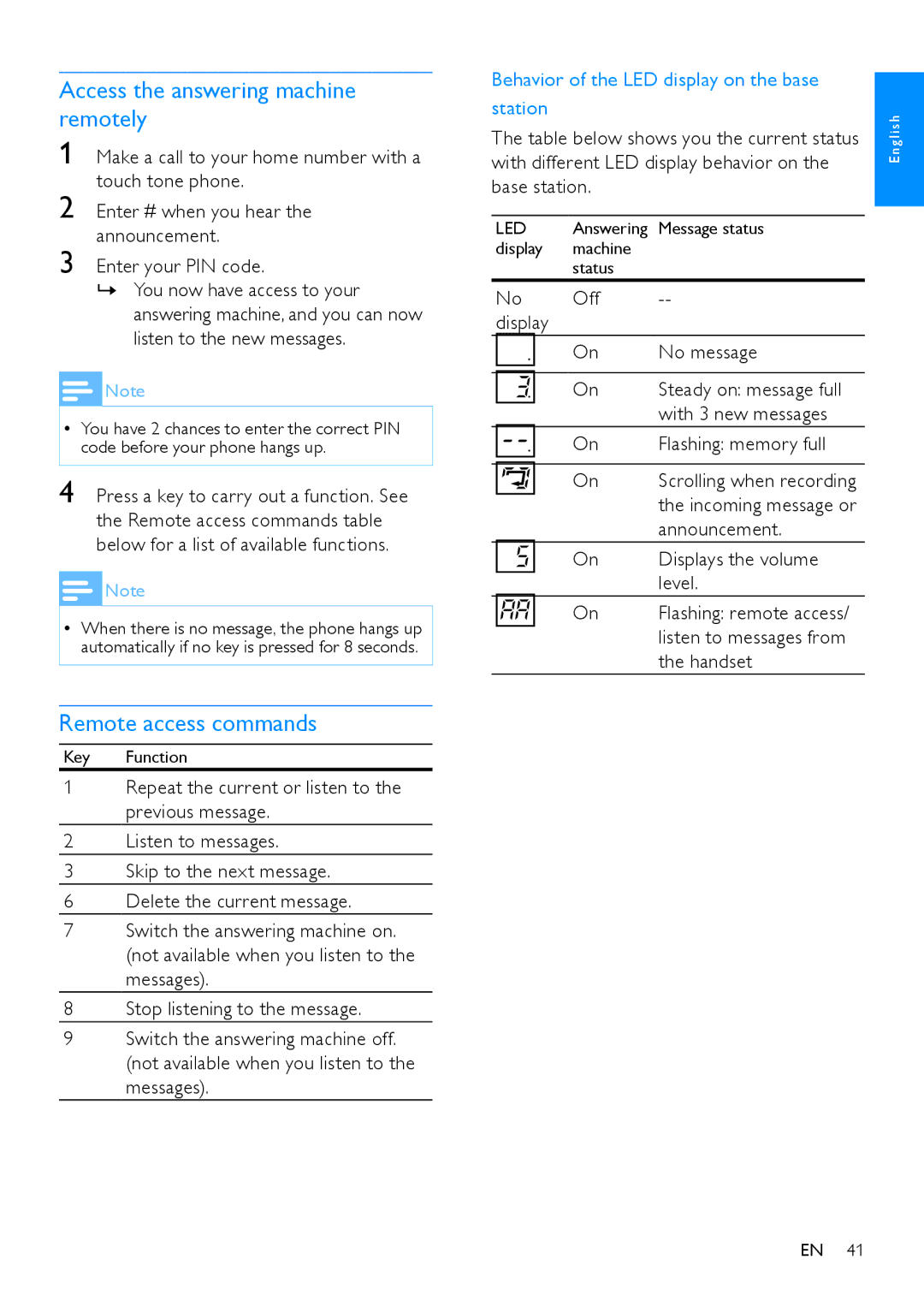 Philips CD680, CD685 user manual Access the answering machine remotely, Remote access commands 