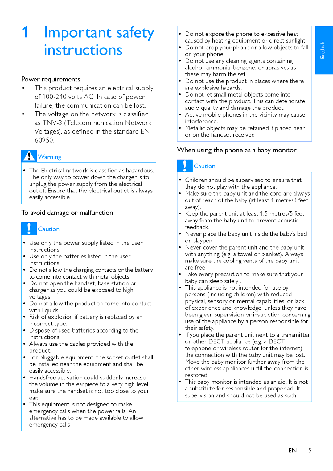 Philips CD680, CD685 Power requirements, Voltages, as defined in the standard EN 60950, To avoid damage or malfunction 