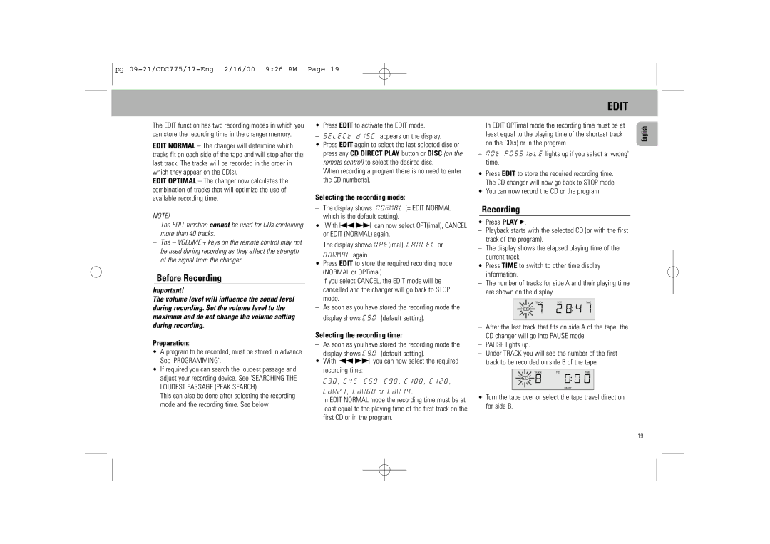 Philips CDC 775 manual Edit, Before Recording 