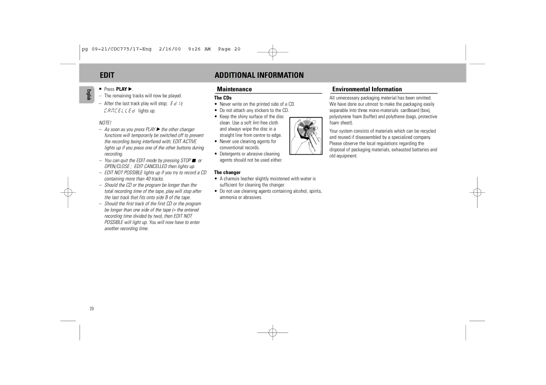Philips CDC 775 manual Edit Additional Information, Maintenance, Environmental Information, CDs, Changer 