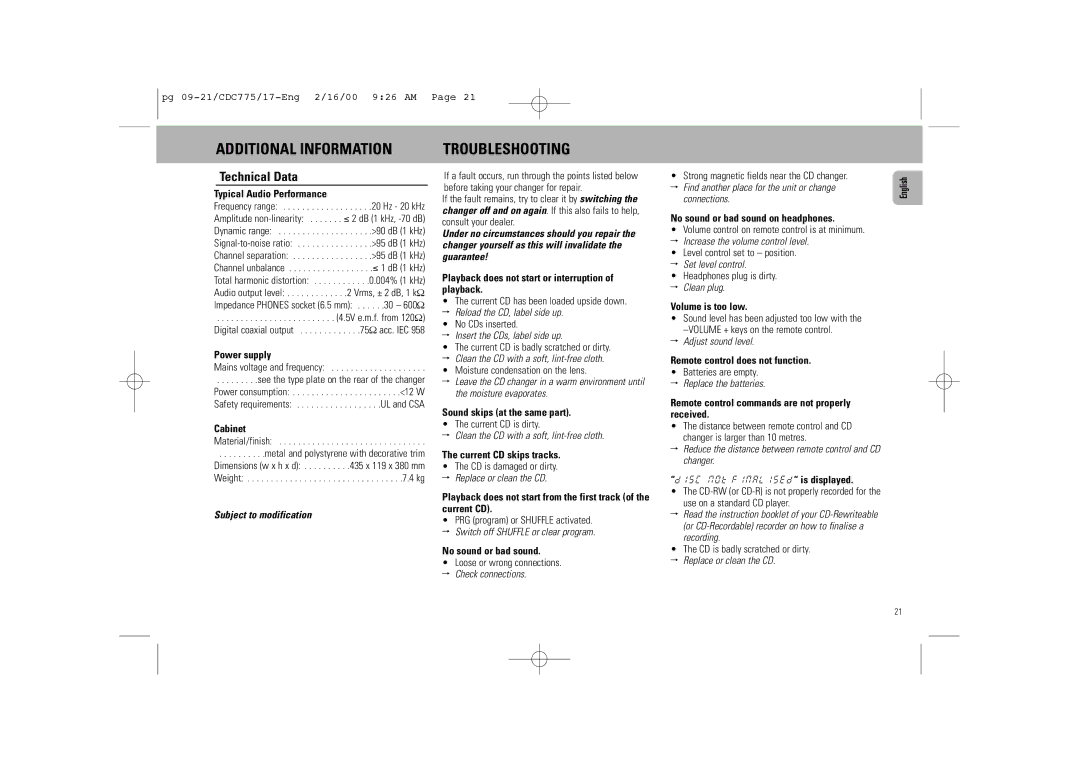 Philips CDC 775 manual Additional Information Troubleshooting, Technical Data 