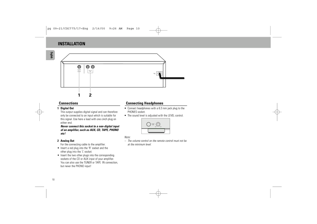 Philips CDC 775 manual Installation, Connections, Connecting Headphones, Digital Out, Analog Out 