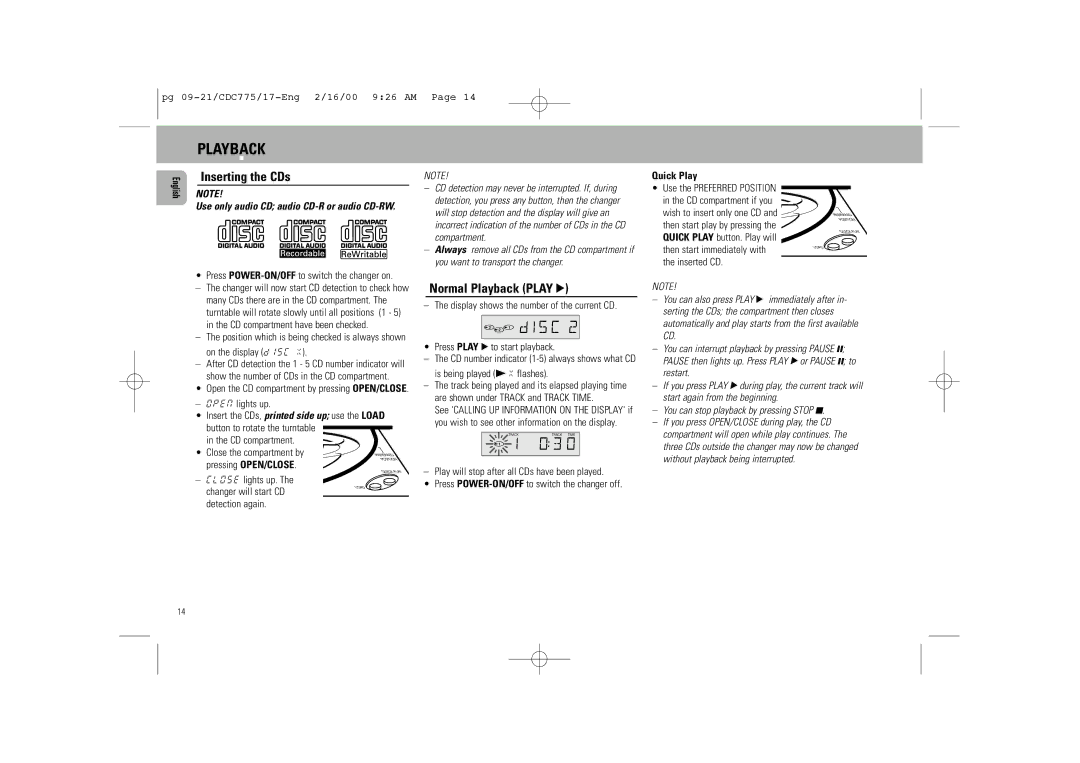 Philips CDC 775 manual Inserting the CDs, Normal Playback Play, Quick Play 