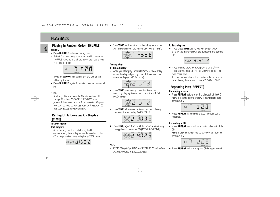 Philips CDC 775 manual Calling Up Information On Display Time, Repeating Play Repeat 