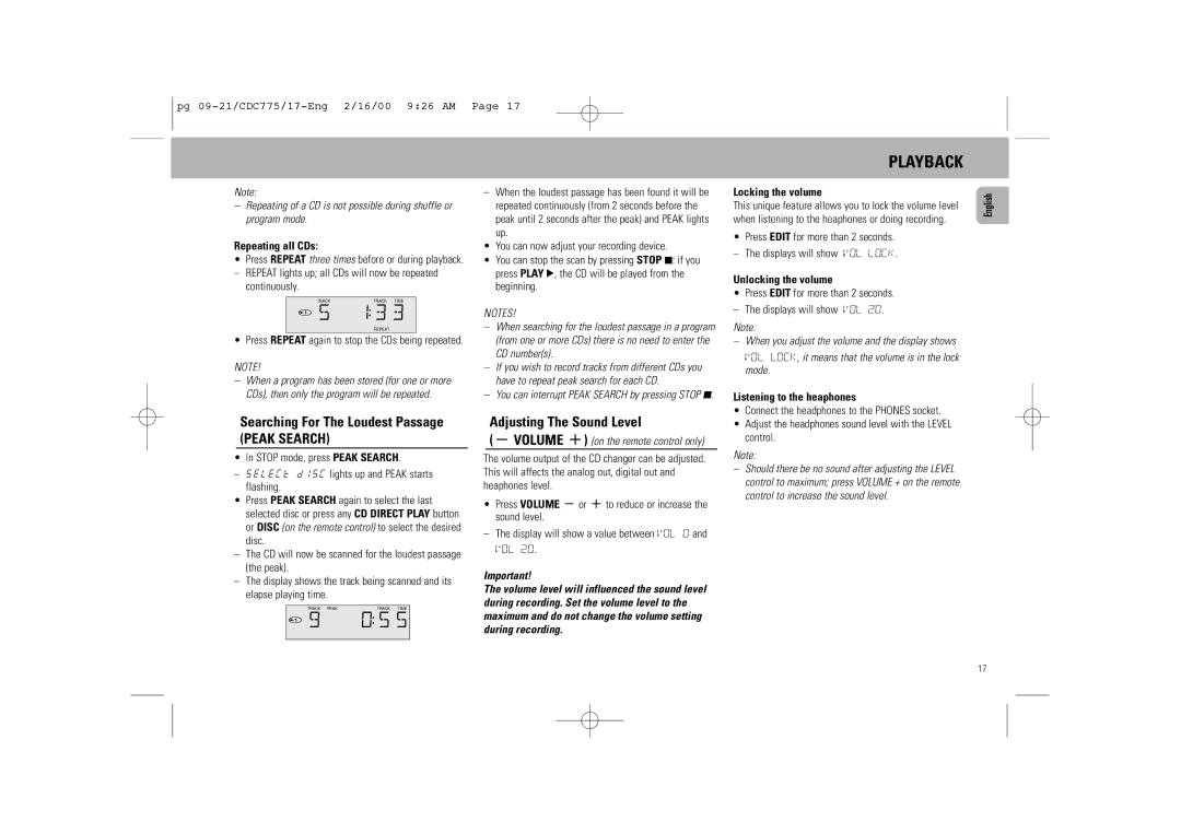 Philips CDC 775 manual Searching For The Loudest Passage, Peak Search, Adjusting The Sound Level 