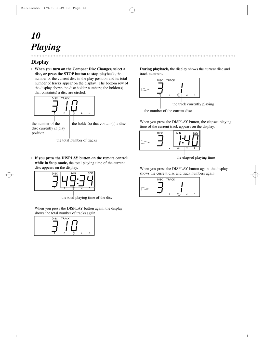 Philips CDC735 owner manual Playing, Display 