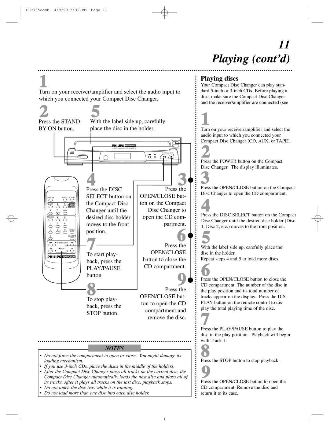 Philips CDC735 owner manual Playing cont’d, Playing discs 