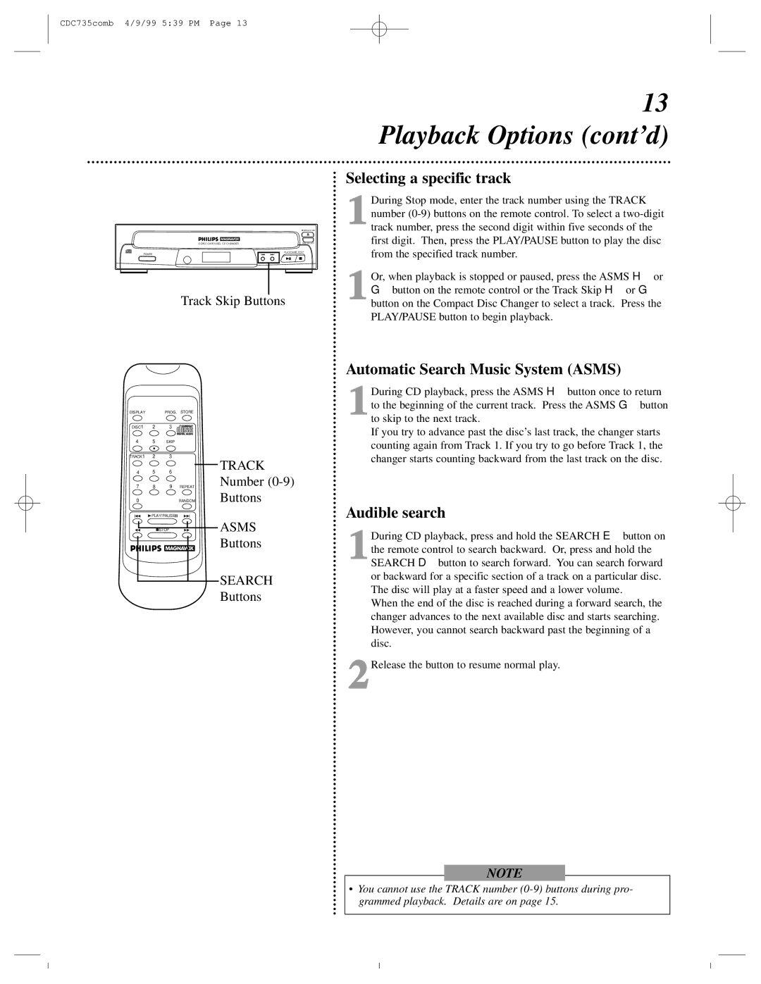 Philips CDC735 owner manual Selecting a specific track, Automatic Search Music System Asms, Audible search 