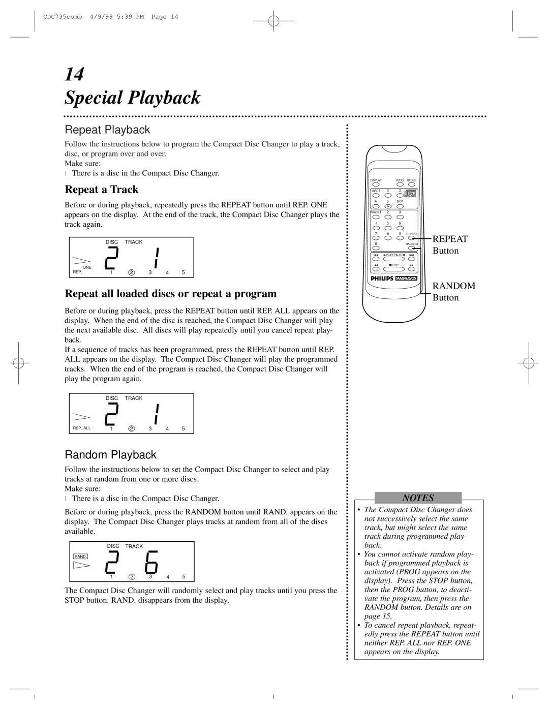 Philips CDC735 owner manual Special Playback, Repeat a Track, Repeat all loaded discs or repeat a program 