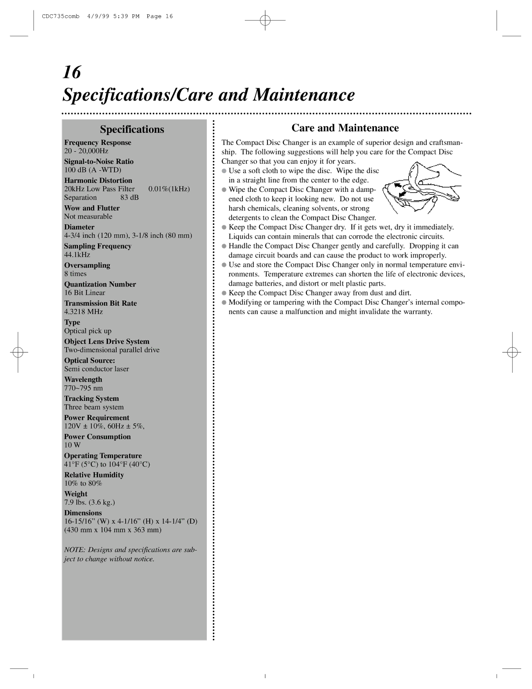 Philips CDC735 owner manual Specifications/Care and Maintenance 