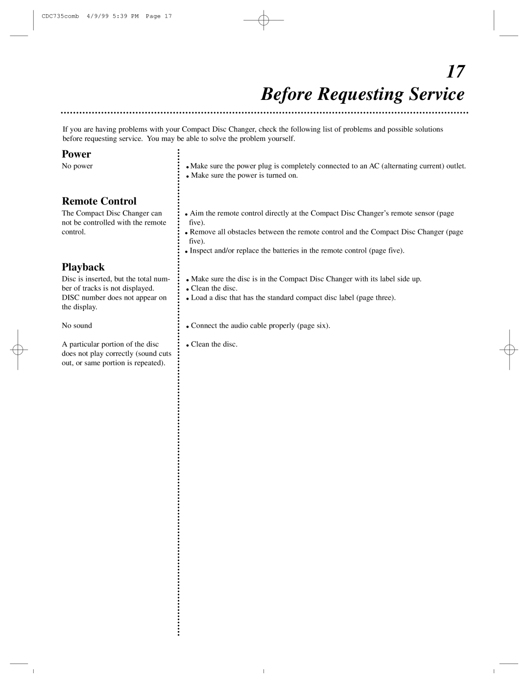 Philips CDC735 owner manual Before Requesting Service, Power, Playback 