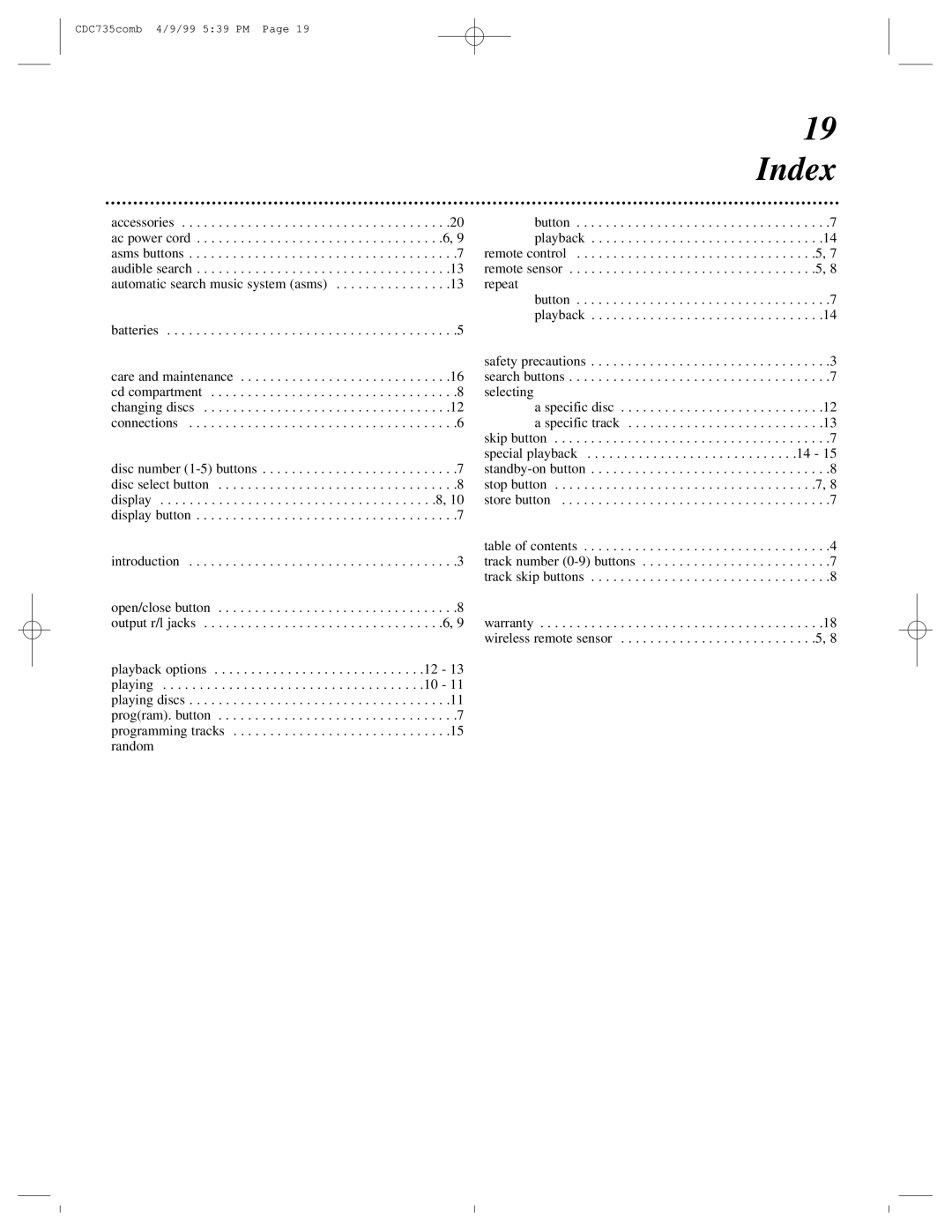 Philips CDC735 owner manual Index 