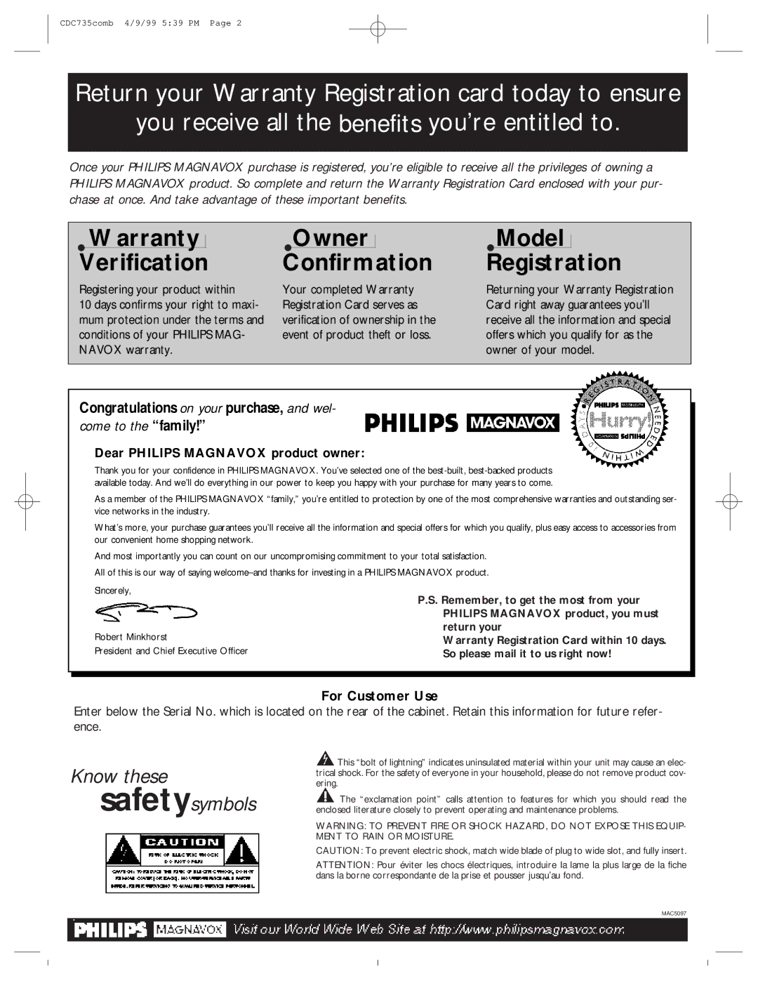 Philips CDC735 owner manual Warranty Owner Verification Confirmation 