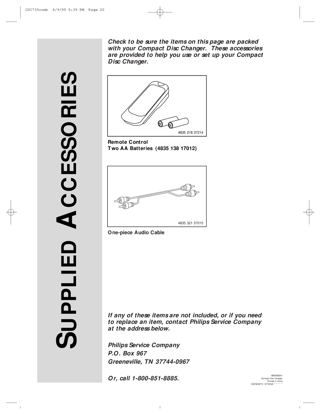 Philips CDC735 owner manual Supplied Accessories 