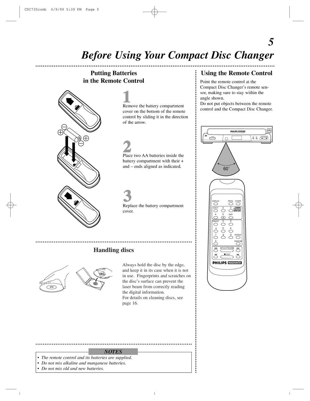 Philips CDC735 owner manual Putting Batteries Remote Control, Handling discs, Using the Remote Control 