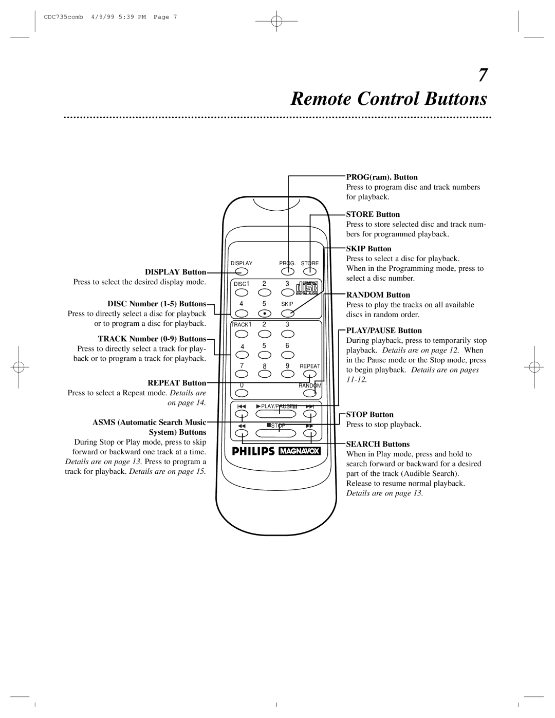 Philips CDC735 owner manual Remote Control Buttons, Repeat Button 