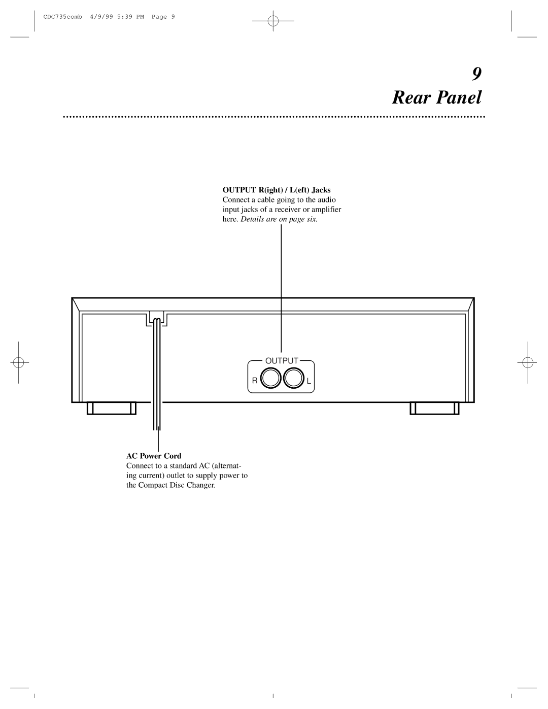 Philips CDC735 owner manual Rear Panel, Output Right / Left Jacks 