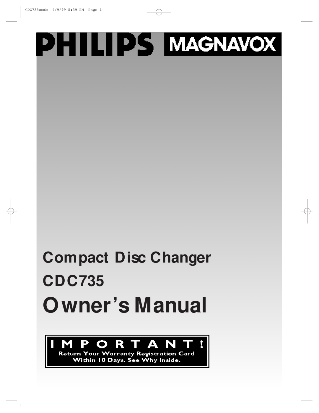 Philips owner manual Compact Disc Changer CDC735, CDC735comb 4/9/99 5 39 PM Page 