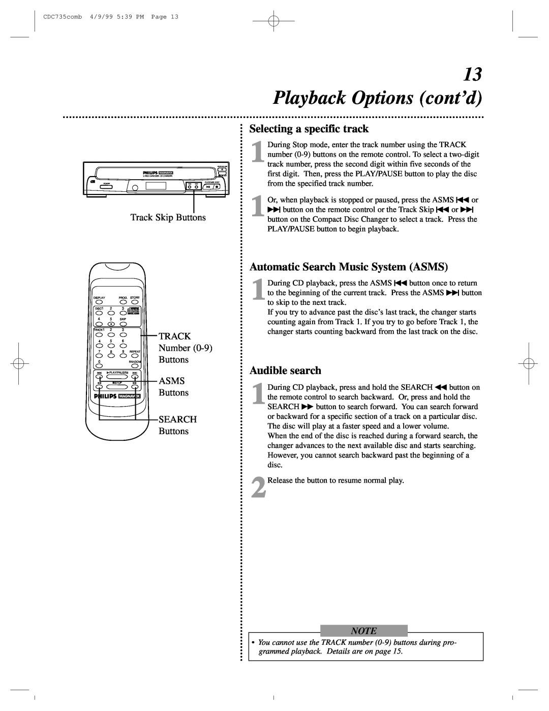 Philips CDC735 Playback Options cont’d, Selecting a specific track, Automatic Search Music System ASMS, Audible search 