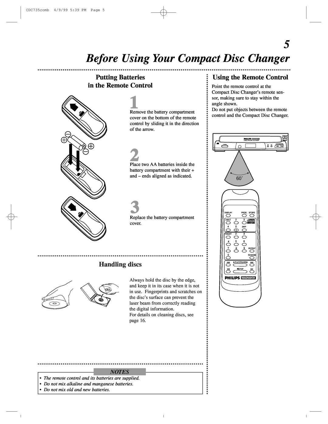 Philips CDC735 owner manual Before Using Your Compact Disc Changer, Putting Batteries in the Remote Control, Handling discs 