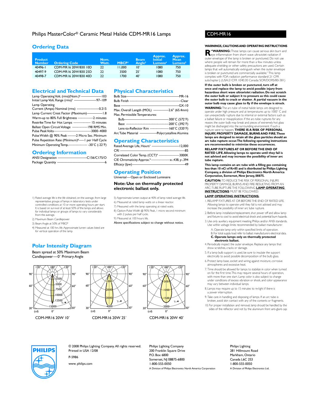 Philips CDM-MR16 manual Ordering Data, Electrical andTechnical Data, Ordering Information, Physical Characteristics 