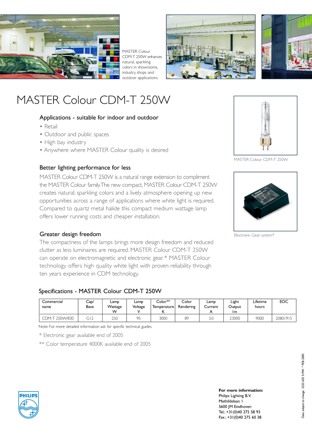 Philips Master Colour CDM-T 250W, Applications suitable for indoor and outdoor, Better lighting performance for less 