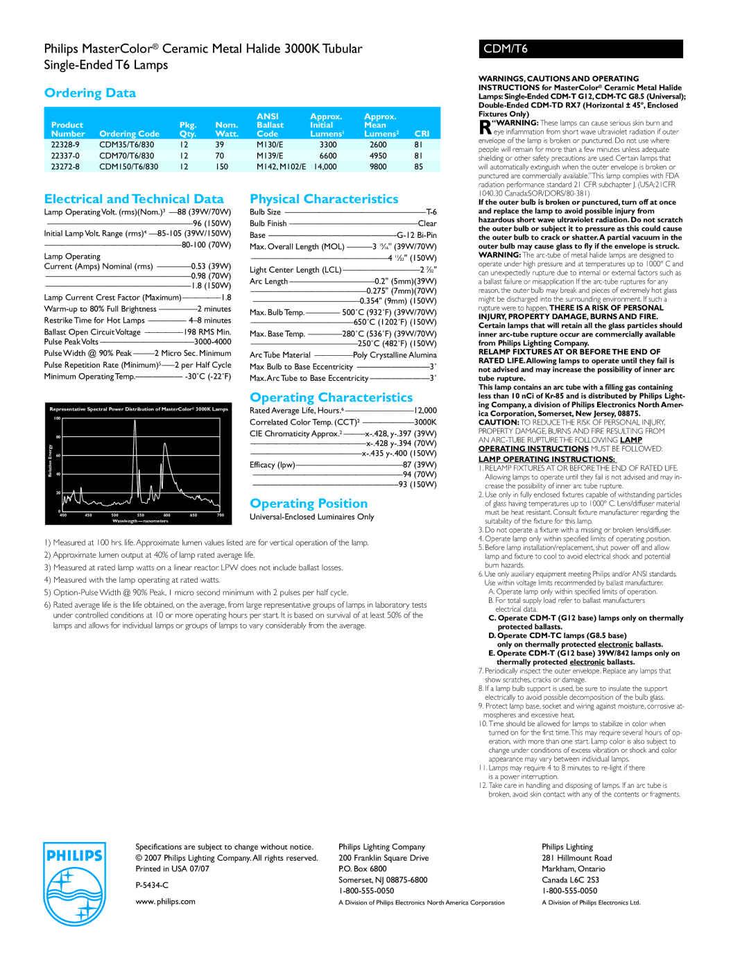 Philips CDM/T6 3000K Ordering Data, Electrical andTechnical Data, Physical Characteristics, Operating Characteristics 