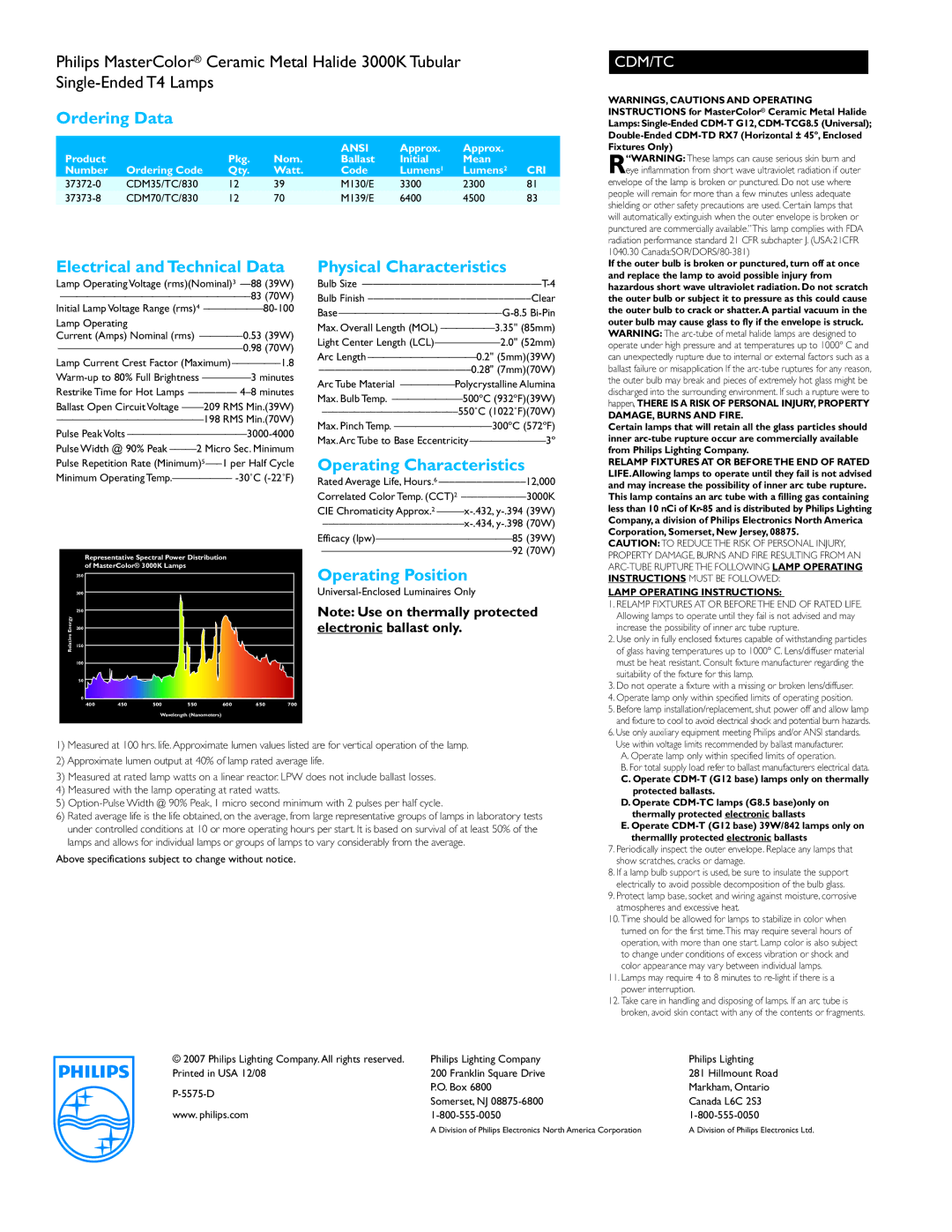 Philips CDM/TC 3000K Ordering Data, Electrical andTechnical Data, Physical Characteristics, Operating Characteristics 