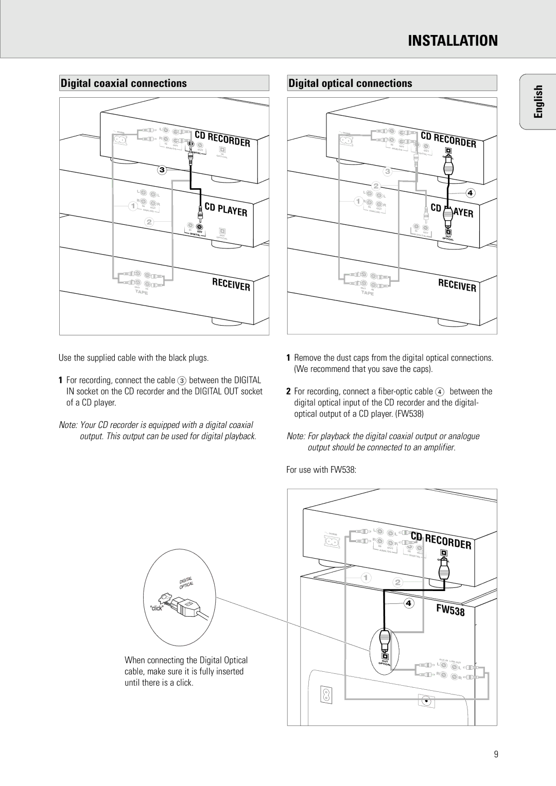 Philips CDR 538, CDR 560 manual Digital coaxial connections, Digital optical connections 