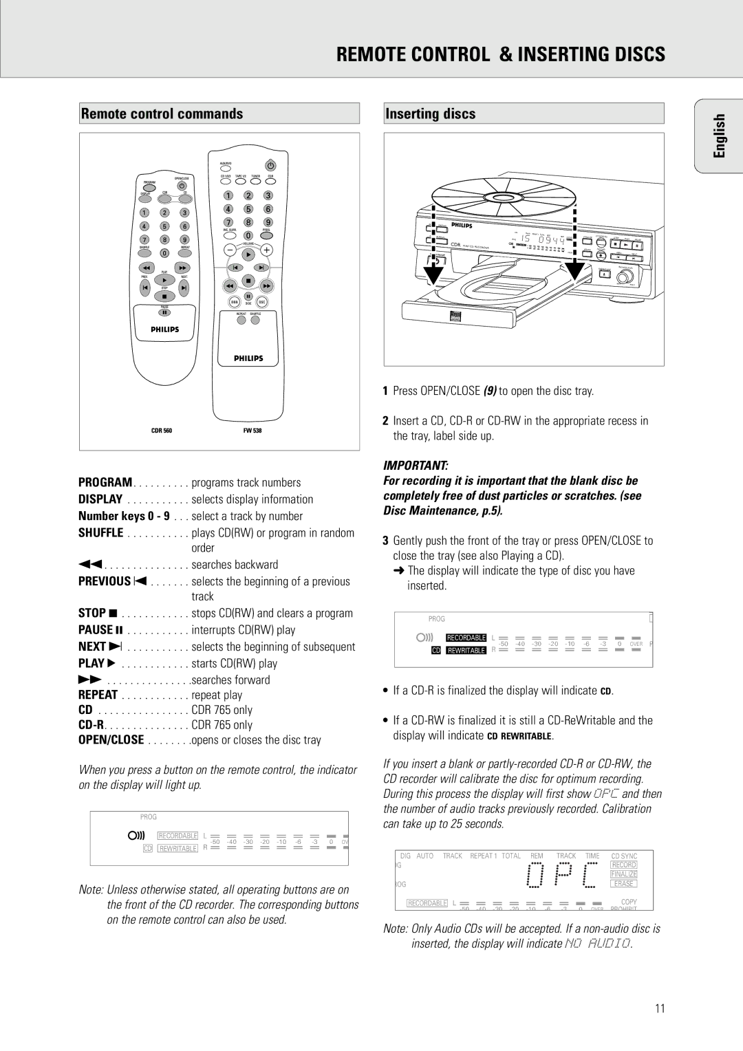 Philips CDR 538, CDR 560 manual Remote Control & Inserting Discs, Remote control commands, Inserting discs 