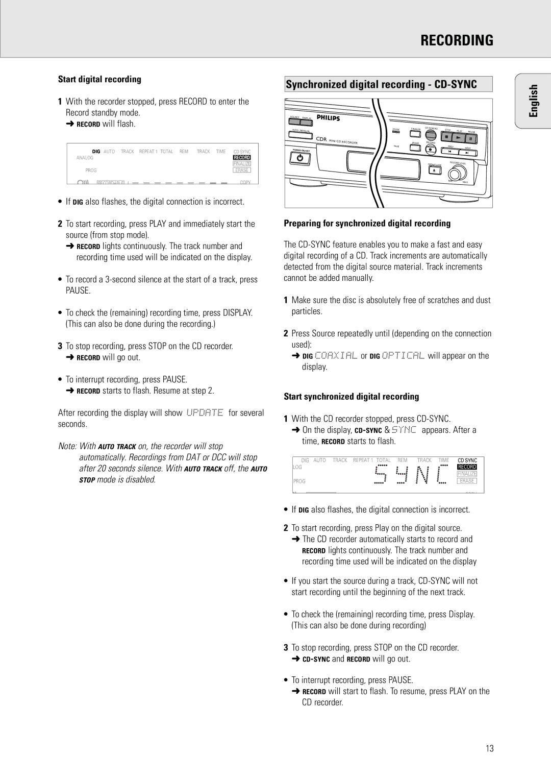 Philips CDR 538 Synchronized digital recording CD-SYNC, Start digital recording, Start synchronized digital recording 