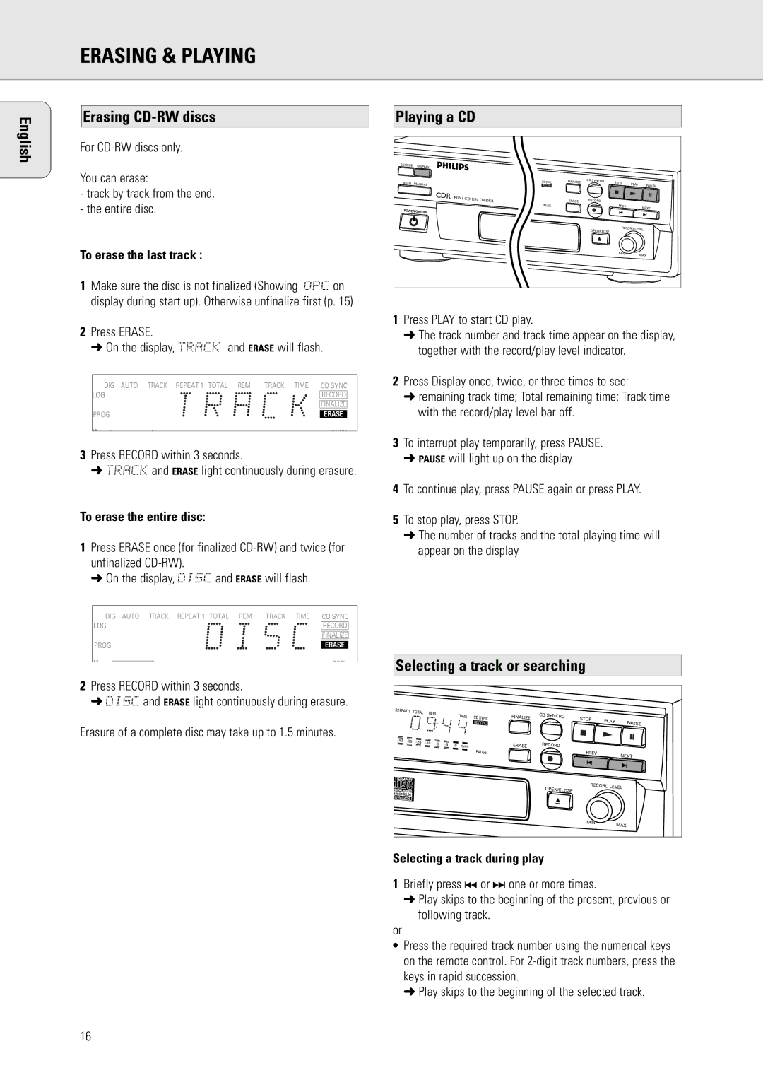 Philips CDR 560, CDR 538 manual Erasing & Playing, English Erasing CD-RW discs, Playing a CD, Selecting a track or searching 