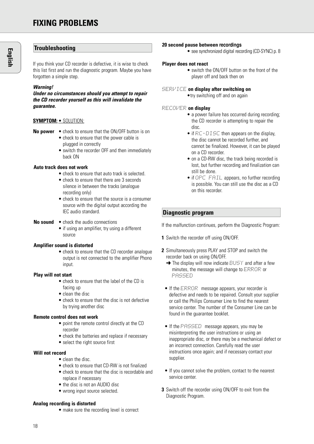 Philips CDR 560, CDR 538 manual Fixing Problems, English Troubleshooting, Diagnostic program 