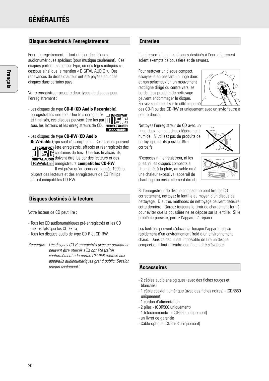 Philips CDR 560 manual Disques destinés à l’enregistrement Entretien Français, Disques destinés à la lecture, Accessoires 