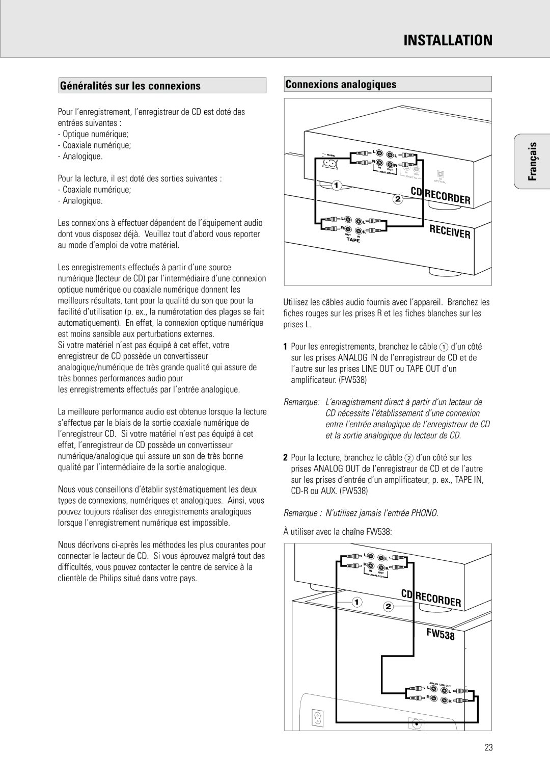 Philips CDR 538, CDR 560 manual Connexions analogiques, Généralités sur les connexions, Utiliser avec la chaîne FW538 