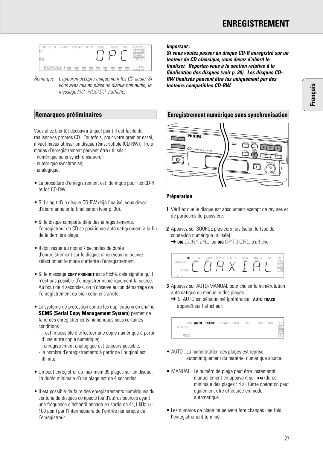 Philips CDR 538, CDR 560 manual Enregistrement, Français Remarques préliminaires 