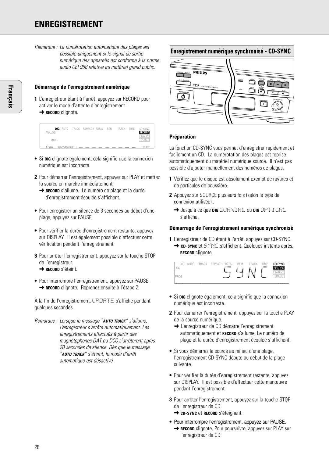 Philips CDR 560, CDR 538 manual Démarrage de l’enregistrement numérique, Record clignote 