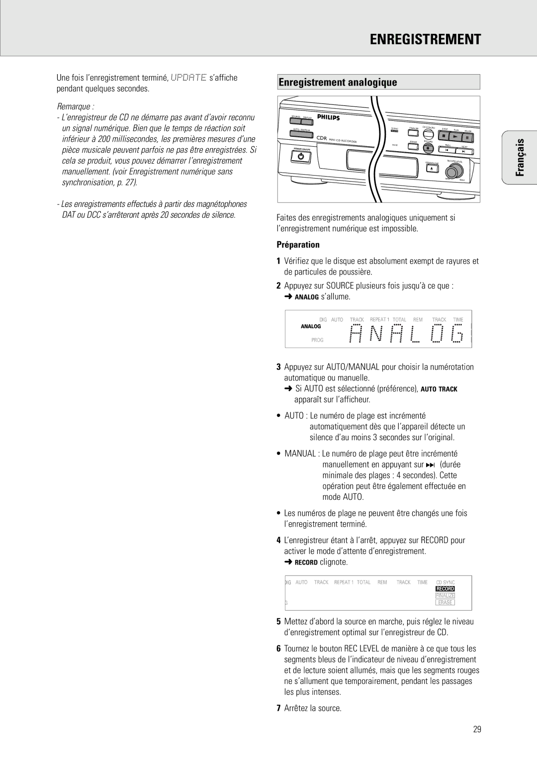 Philips CDR 538, CDR 560 manual Enregistrement analogique, Préparation, Arrêtez la source 