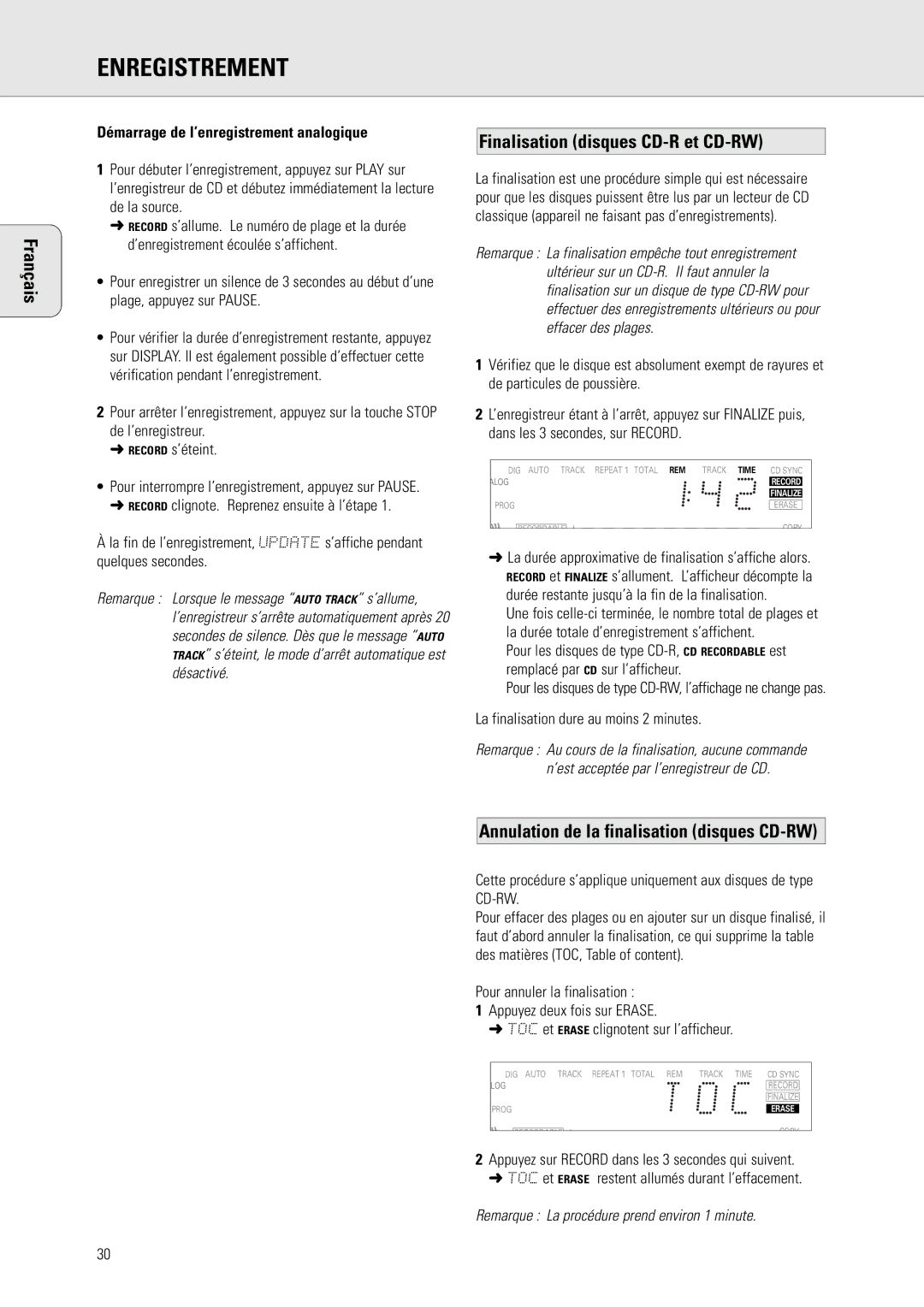 Philips CDR 560, CDR 538 manual Finalisation disques CD-R et CD-RW, Annulation de la finalisation disques CD-RW 