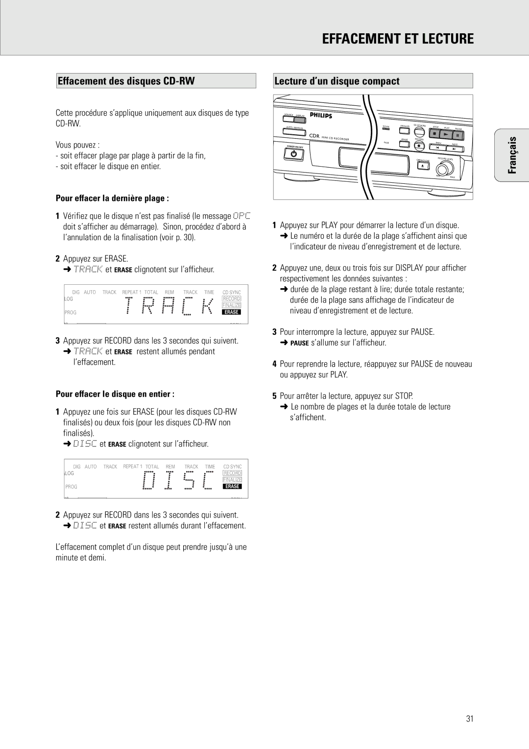 Philips CDR 538, CDR 560 manual Effacement ET Lecture, Effacement des disques CD-RW, Lecture d’un disque compact 