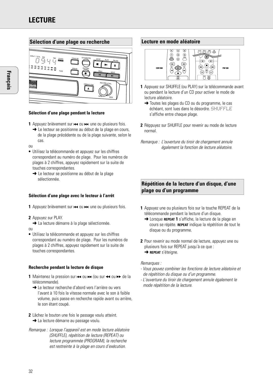 Philips CDR 560, CDR 538 manual Sélection d’une plage ou recherche, Lecture en mode aléatoire 