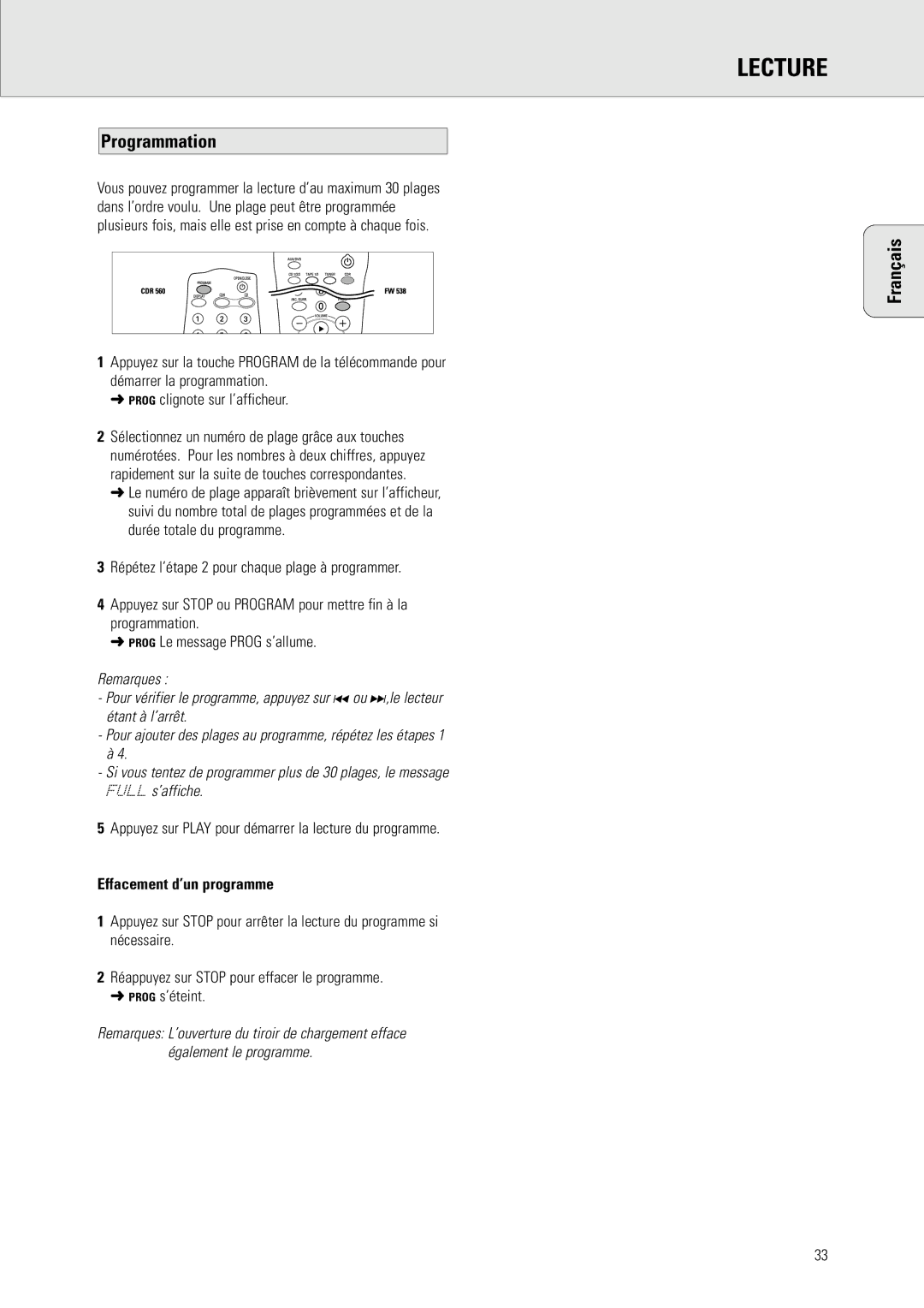 Philips CDR 538, CDR 560 Programmation, Appuyez sur Play pour démarrer la lecture du programme, Effacement d’un programme 