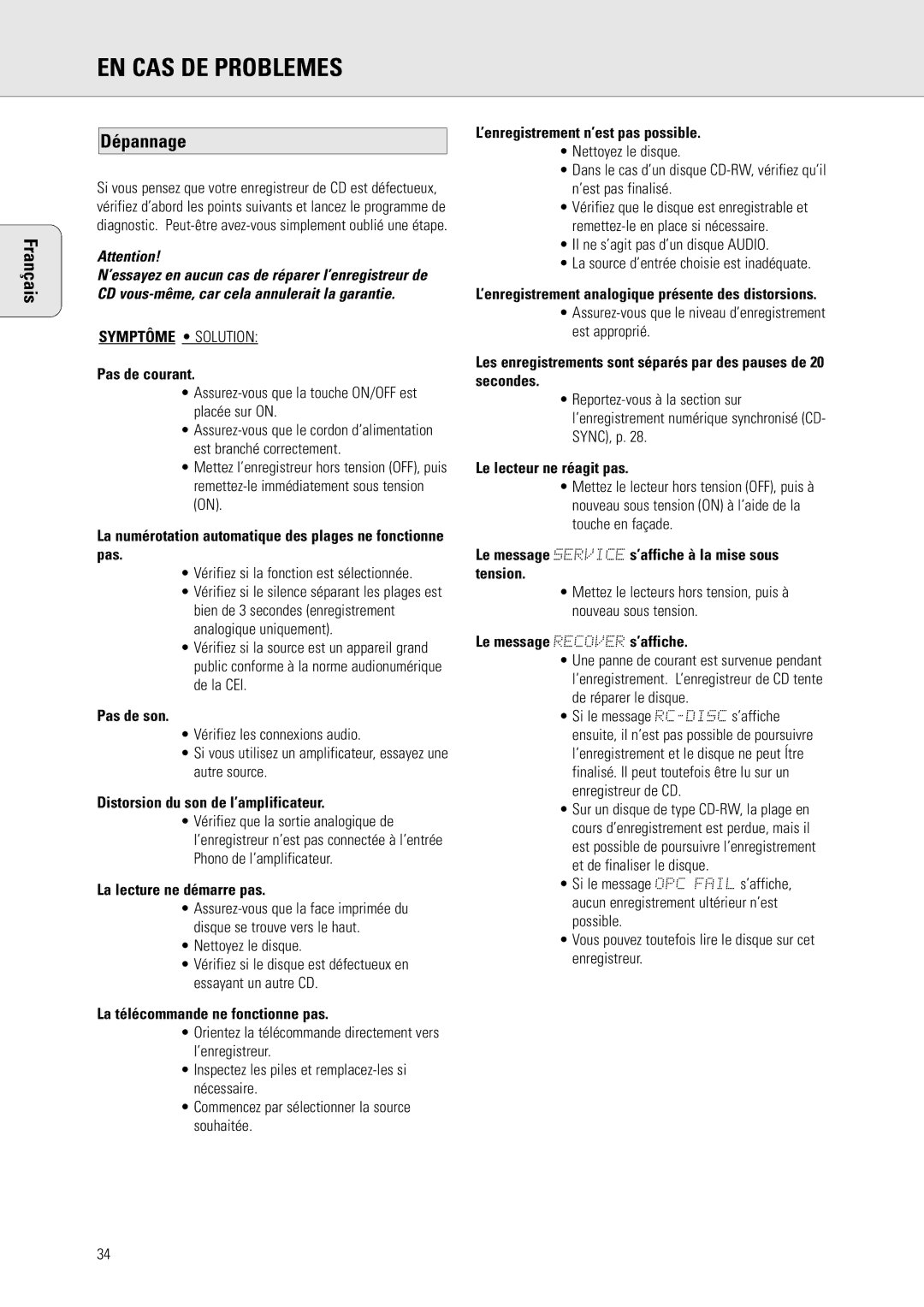 Philips CDR 560, CDR 538 manual EN CAS DE Problemes, Français Dépannage 