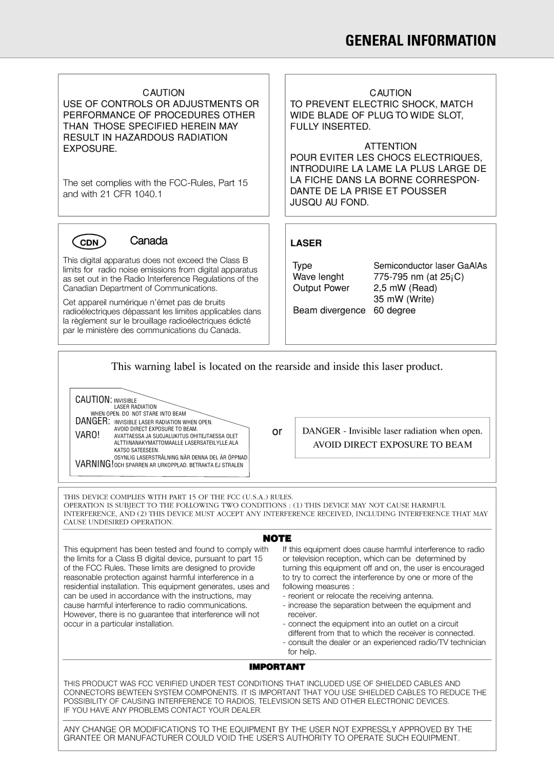 Philips CDR 560, CDR 538 manual General Information, Set complies with the FCC-Rules, Part 15 and with 21 CFR 