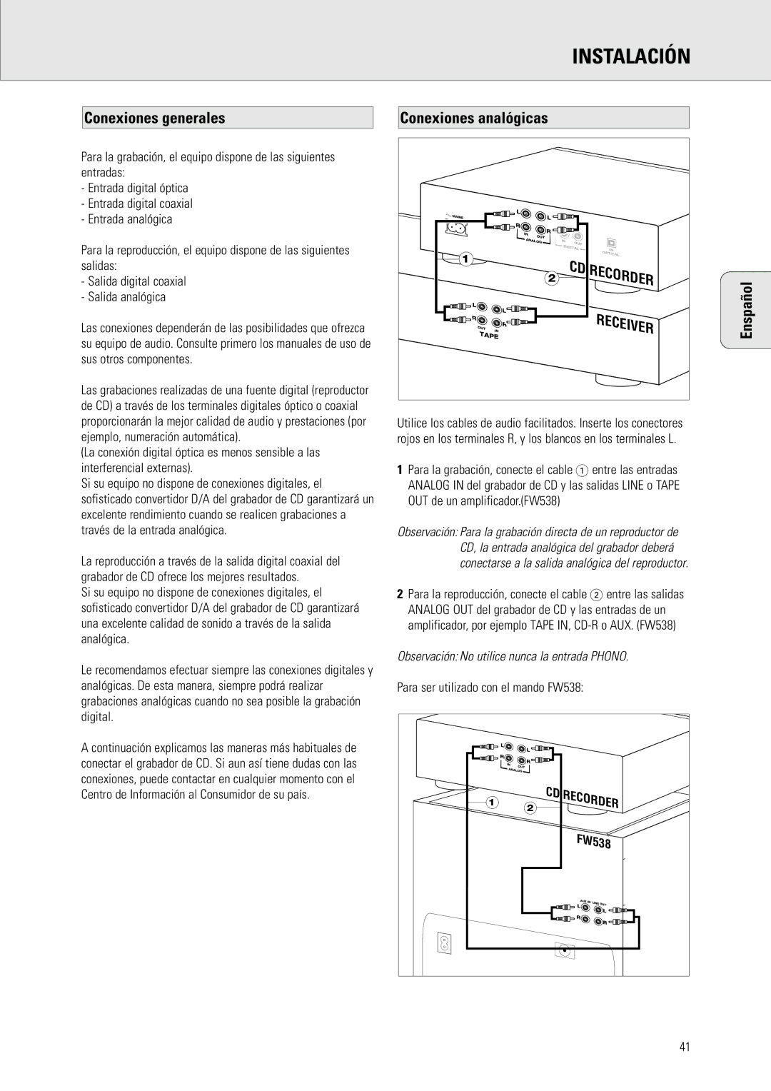 Philips CDR 538, CDR 560 Instalación, Conexiones generales Conexiones analógicas, Para ser utilizado con el mando FW538 