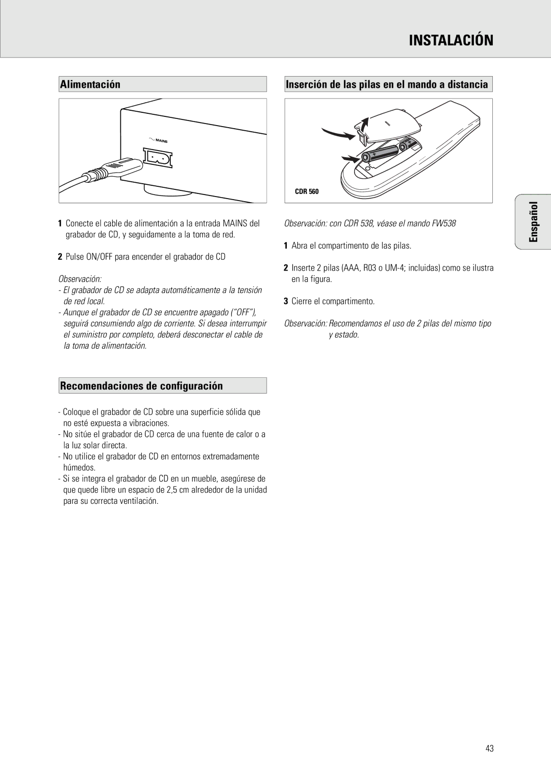 Philips CDR 538, CDR 560 Alimentación Inserción de las pilas en el mando a distancia, Recomendaciones de configuración 