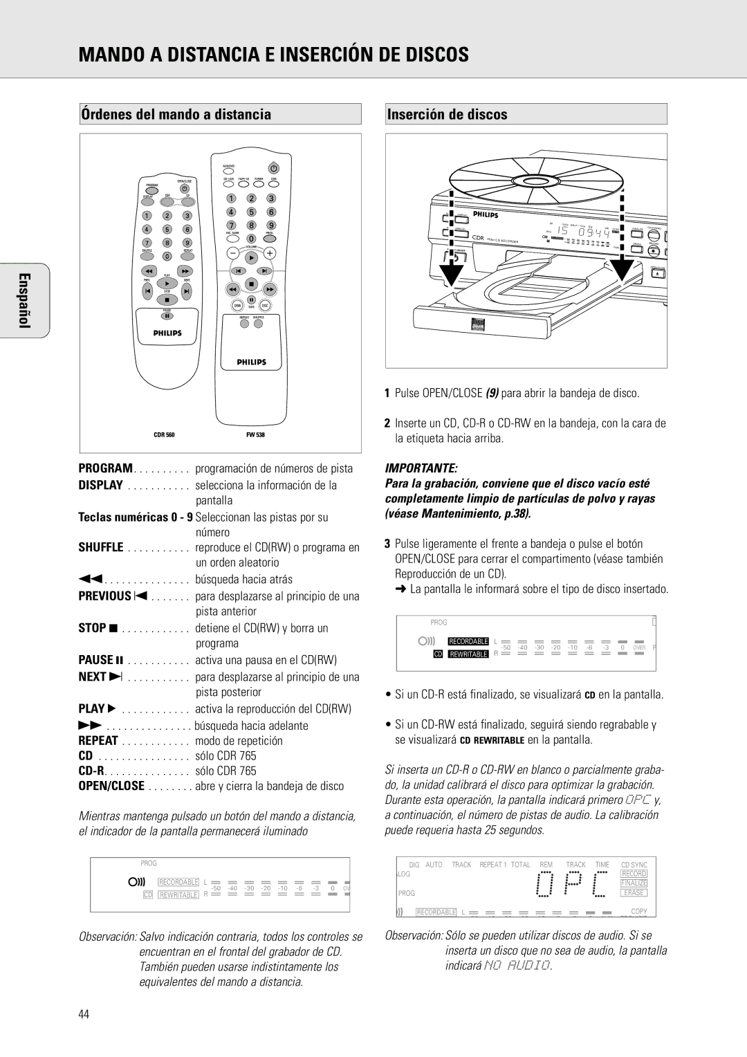 Philips CDR 560 manual Mando a Distancia E Inserción DE Discos, Órdenes del mando a distancia Enspañol, Inserción de discos 