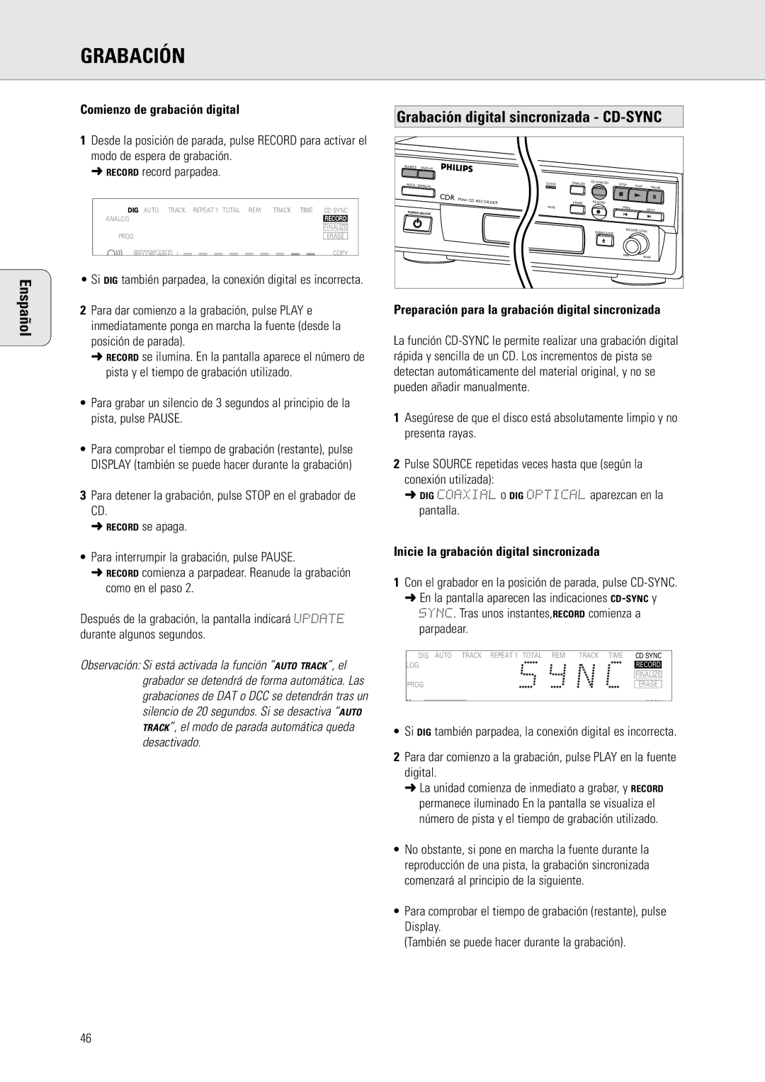 Philips CDR 560, CDR 538 manual Record record parpadea, Preparación para la grabación digital sincronizada 