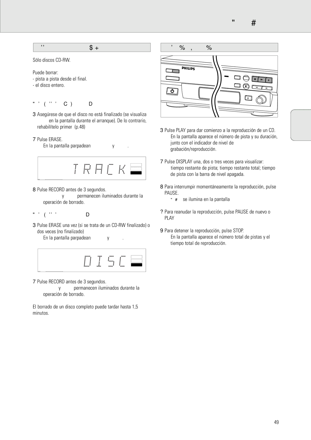 Philips CDR 538 manual Borrado Y Reproducción, Borrado de discos CD-RW, Reproducción de un CD, Para borrar la última pista 