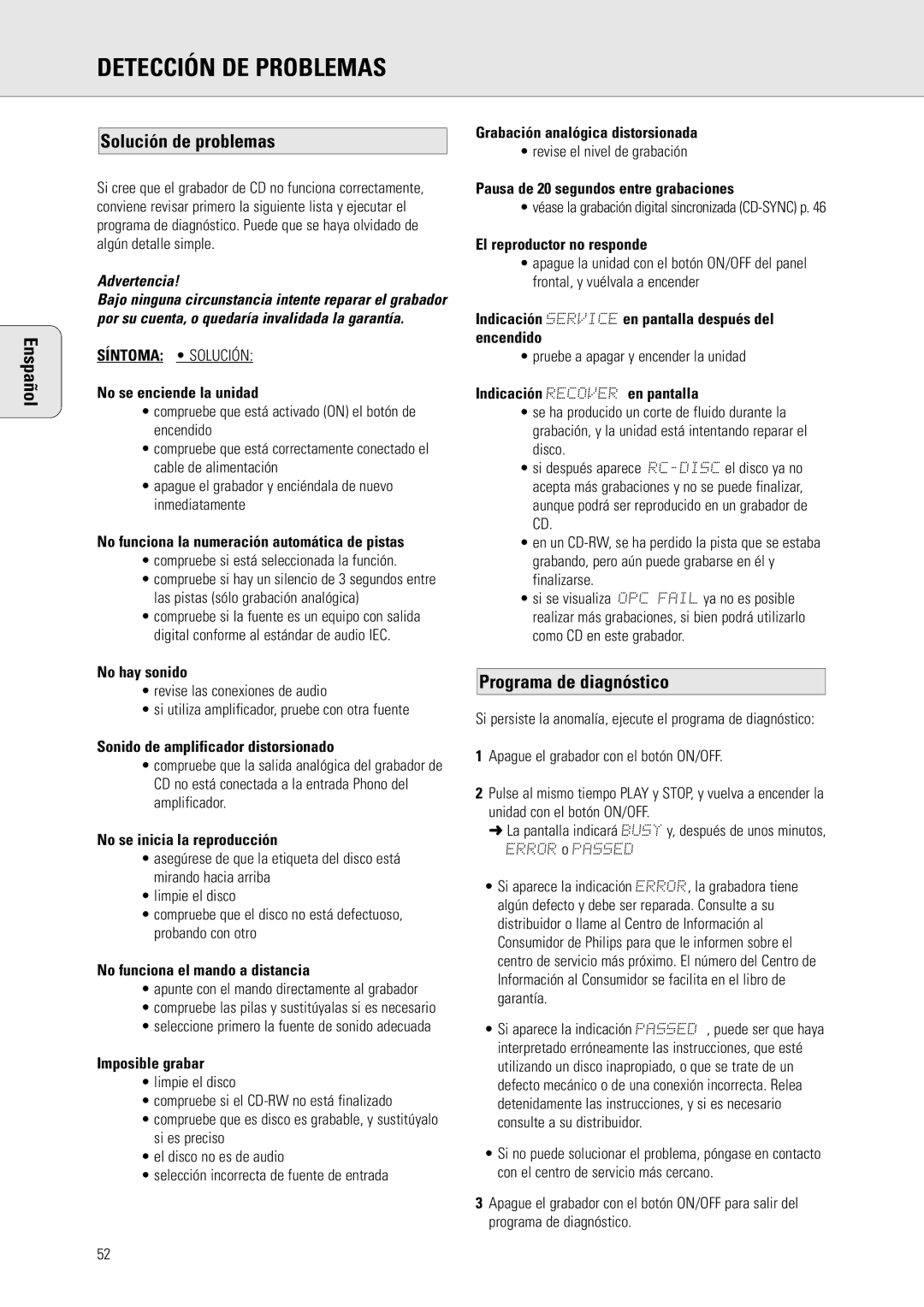 Philips CDR 560, CDR 538 manual Detección DE Problemas, Enspañol Solución de problemas, Programa de diagnóstico 